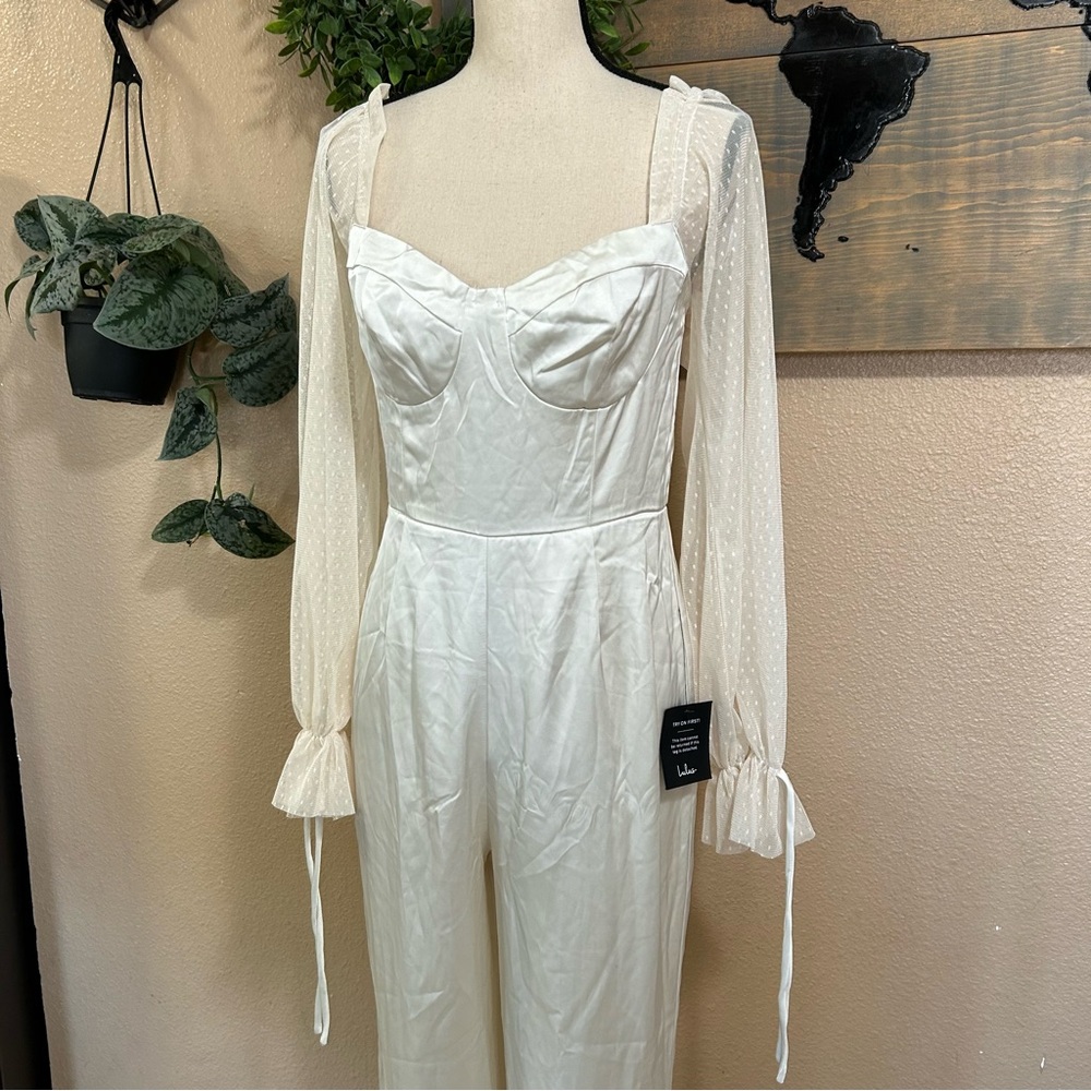 NWOT Lulus Gracefully Modern Ivory Satin Mesh Long Sleeve Bustier Jumpsuit - Picture 3 of 8